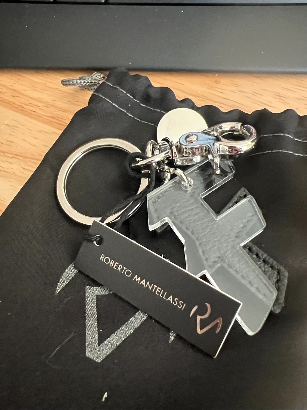 Black Leather 'F' Keychain Bag Charm with Silver Hardware - Picture 3 of 4